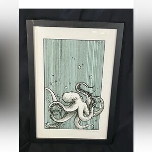 Hillary Ann Love KOANGA OCTOPUS Signed Framed Print 11”x17” Teal,White, Black